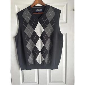 Club Room Black Gray Argyle Sweater Vest Mens L Cotton V Neck Preppy Golf